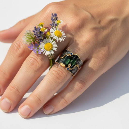 925 Sterling Silver Raw Green Black Tourmaline Bar Ring