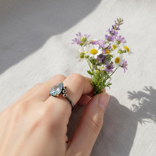 925 Sterling Silver Aquamarine Pear Ring