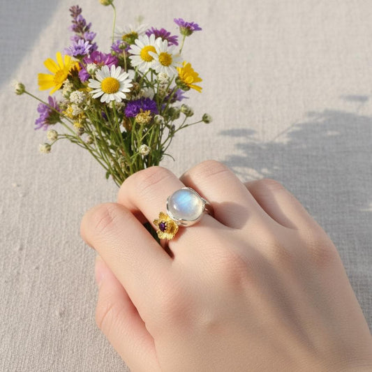 925 Sterling Silver Rainbow Moonstone Branch Ring