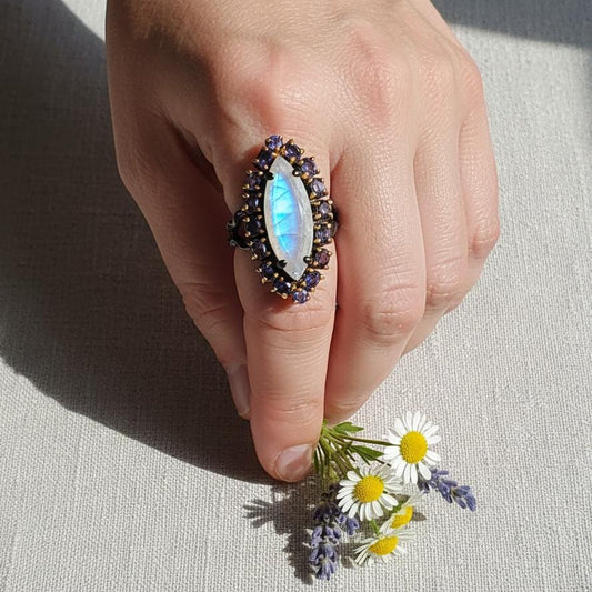 925 Sterling Silver Rainbow Moonstone Marquise Ring