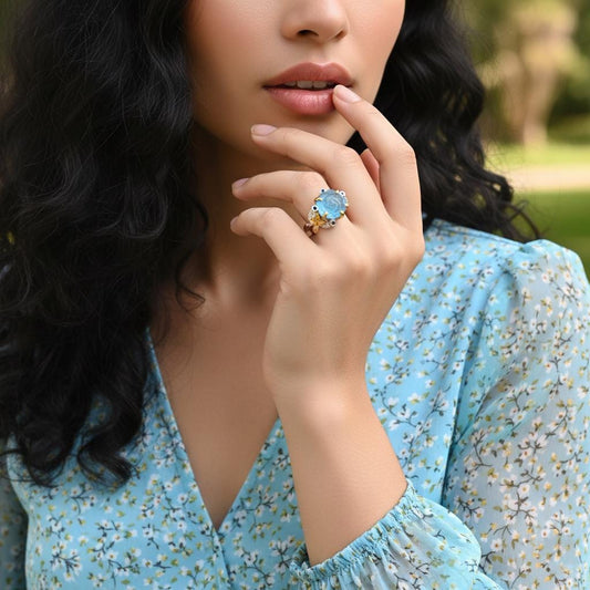 925 Sterling Silver Aquamarine Rose Branch Ring