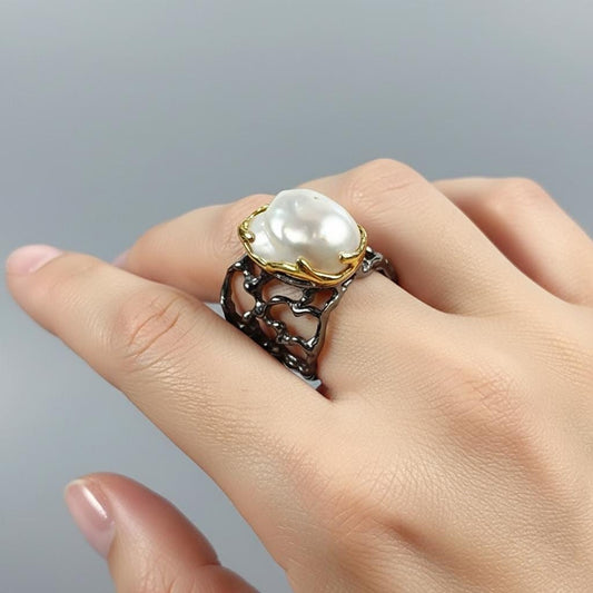 925 Sterling Silver Baroque Pearl Gothic Ring