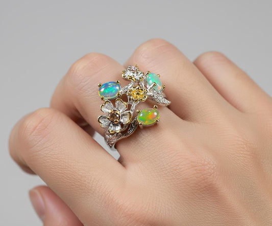 925 Sterling Silver Fire Opal Cherry Blossom Ring