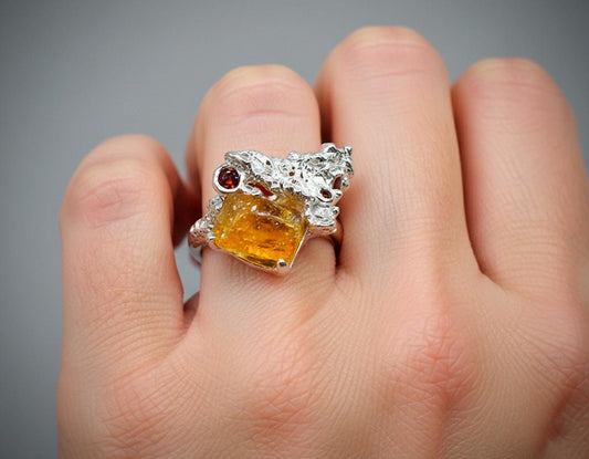 925 Sterling Silver Raw Yellow Stone Ring