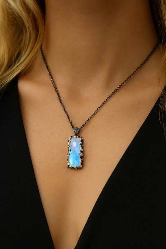 925 Sterling Silver Moonstone Rectangle Pendant