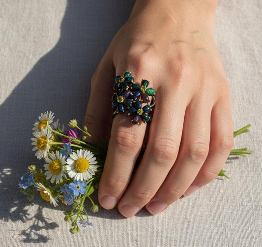 925 Sterling Silver Black Opal Floral Ring
