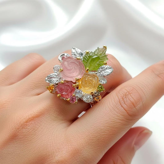 925 Sterling Silver Bouquet Flower Tourmaline Ring