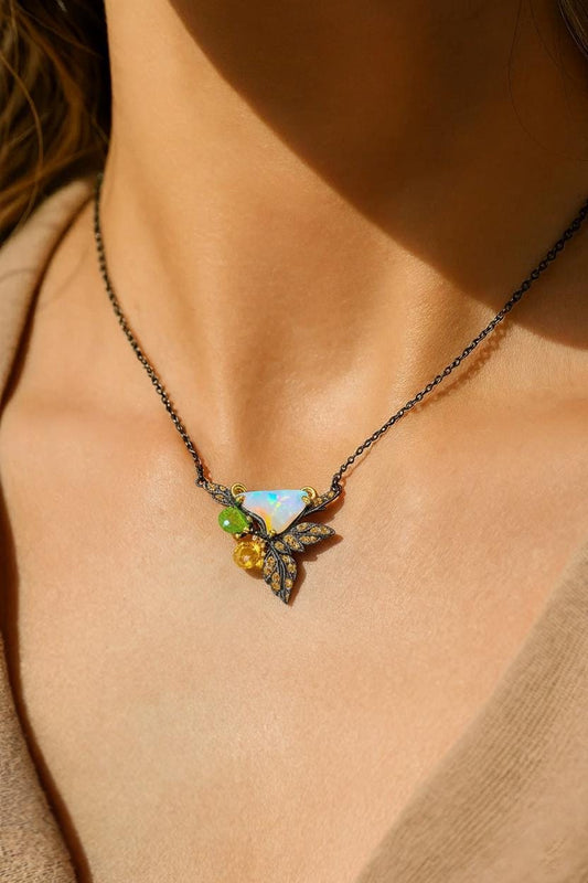 925 sterling silver rainbow opal leaf necklace