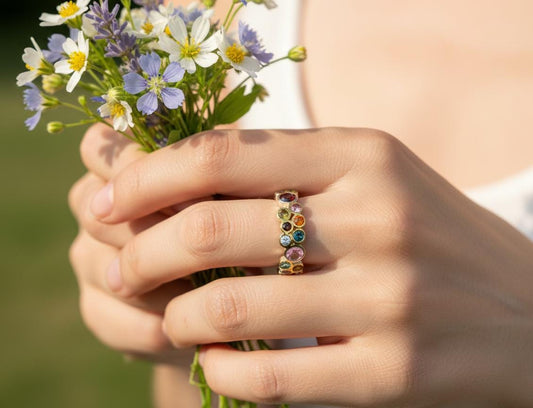 925 Sterling Silver Colorful Cluster Gemstone Ring