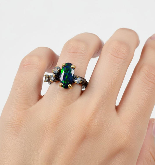 925 Sterling Silver Black Opal Cluster Ring