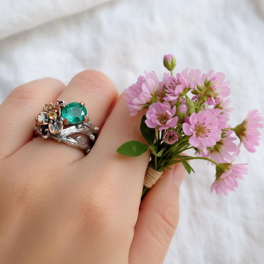 925 Sterling Silver Emerald Nature Ring