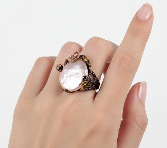 925 Sterling Silver Baroque Pearl Flower Ring