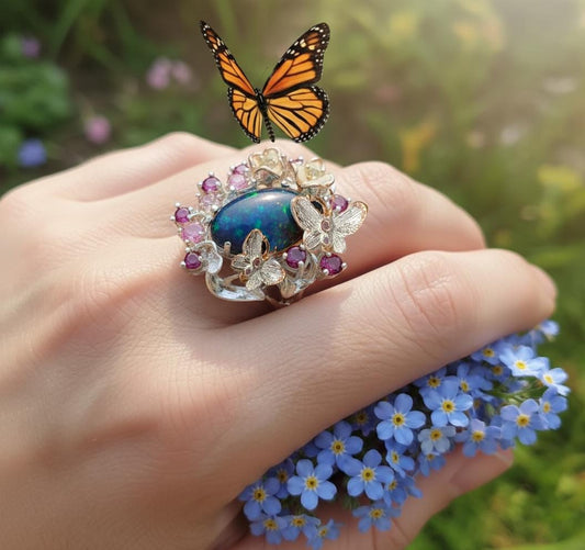 925 Sterling Silver Black Opal Butterfly Ring