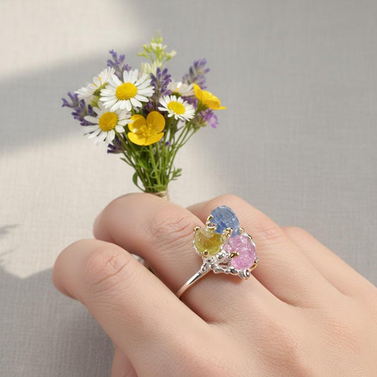 925 sterling silver raw sapphire ruby peridot ring