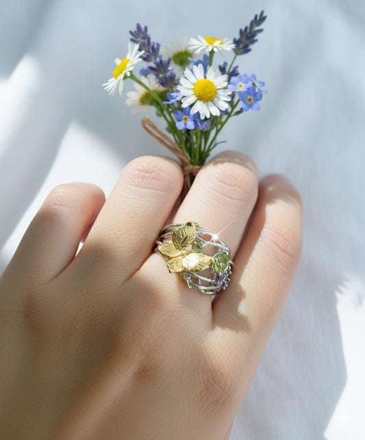 925 sterling silver butterfly peridot ring set