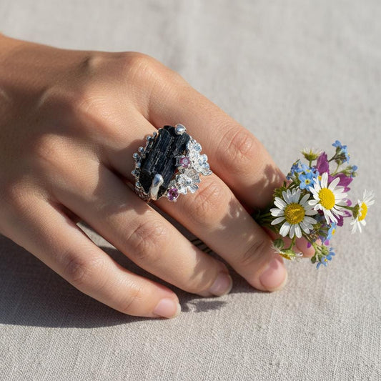 925 Sterling Silver Raw Black Tourmaline Flower Ring