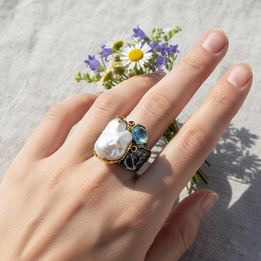 925 Sterling Silver Baroque Pearl Chunky Ring