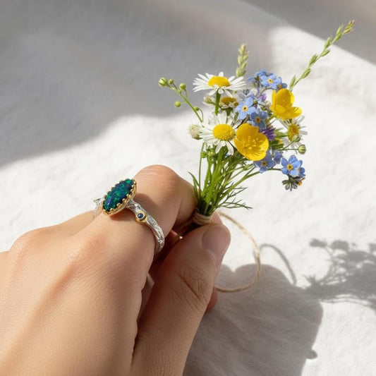 925 Sterling Silver Black Opal Branch Ring