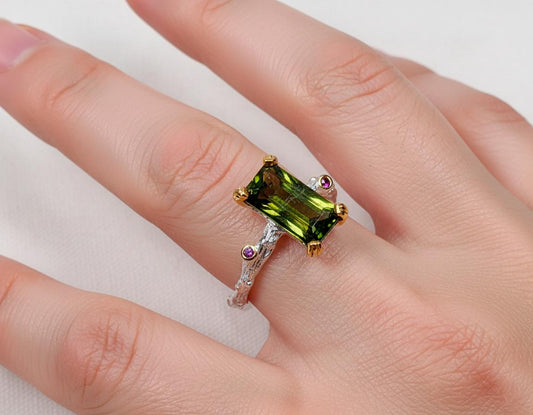 925 Sterling Silver Green Tourmaline Dainty Ring