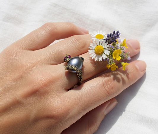 925 Sterling Silver Black Pearl Octopus Tentacle Ring