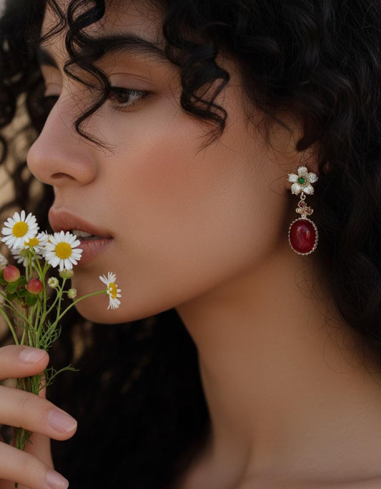 925 Sterling Silver Ruby Flower Earrings