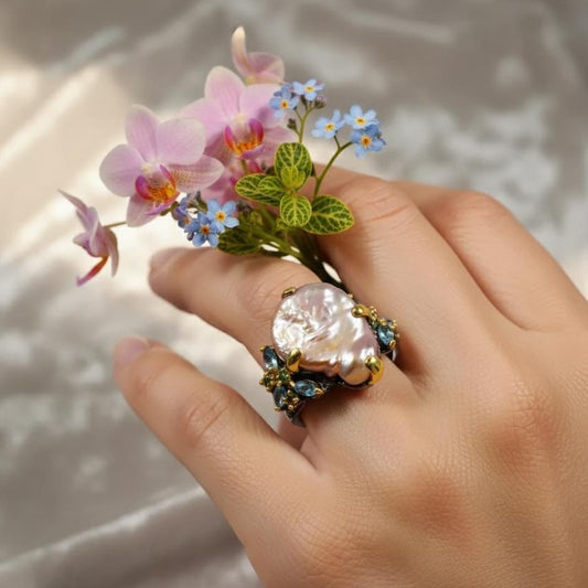 925 Sterling Silver Peach Baroque Pearl Ring