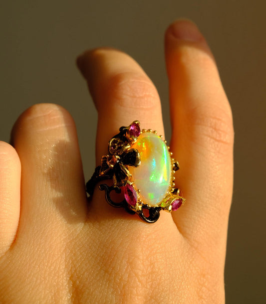 925 Sterling Silver Fire Opal Floral Ring