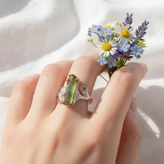 925 Sterling Silver Raw Tourmaline Branch Ring