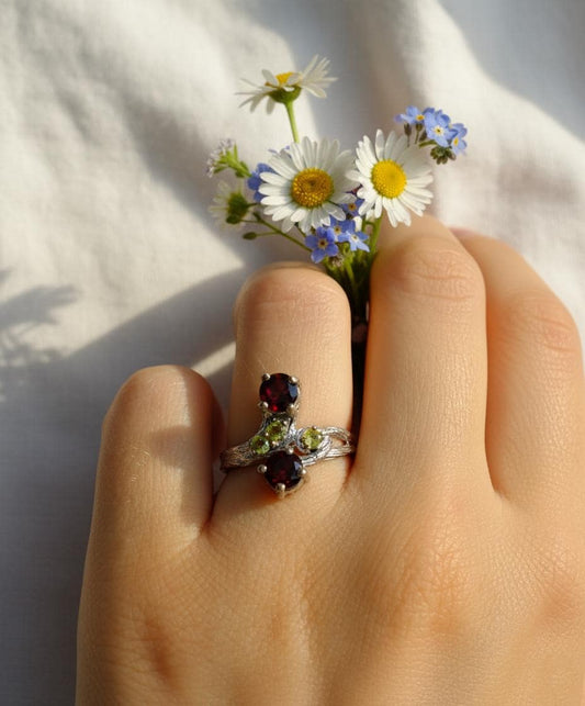 925 Sterling Silver Two Red Garnets Ring