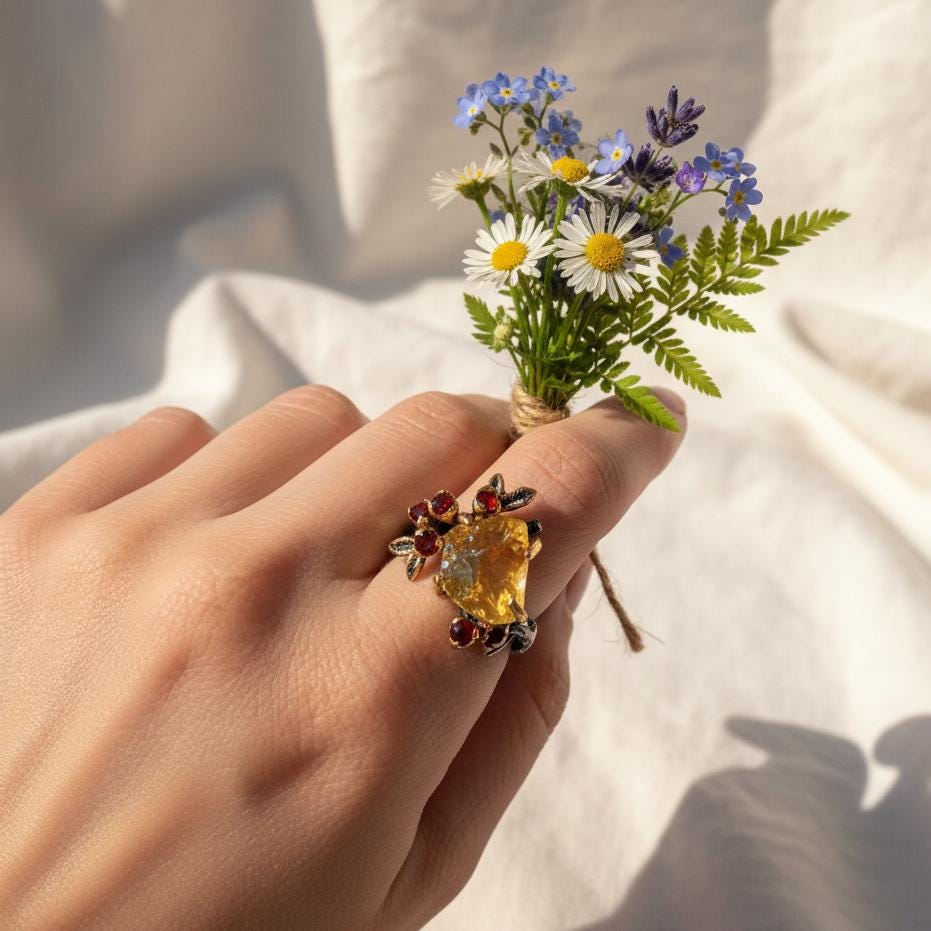 925 Sterling Silver Raw Yellow Citrine Ring