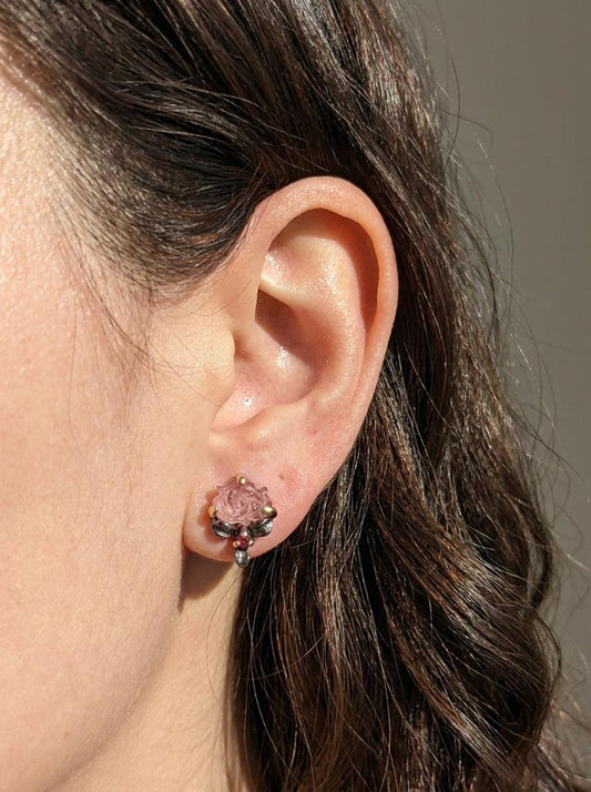 925 silver pink tourmaline gemstone stud earrings, rose flower minimalist jewelry