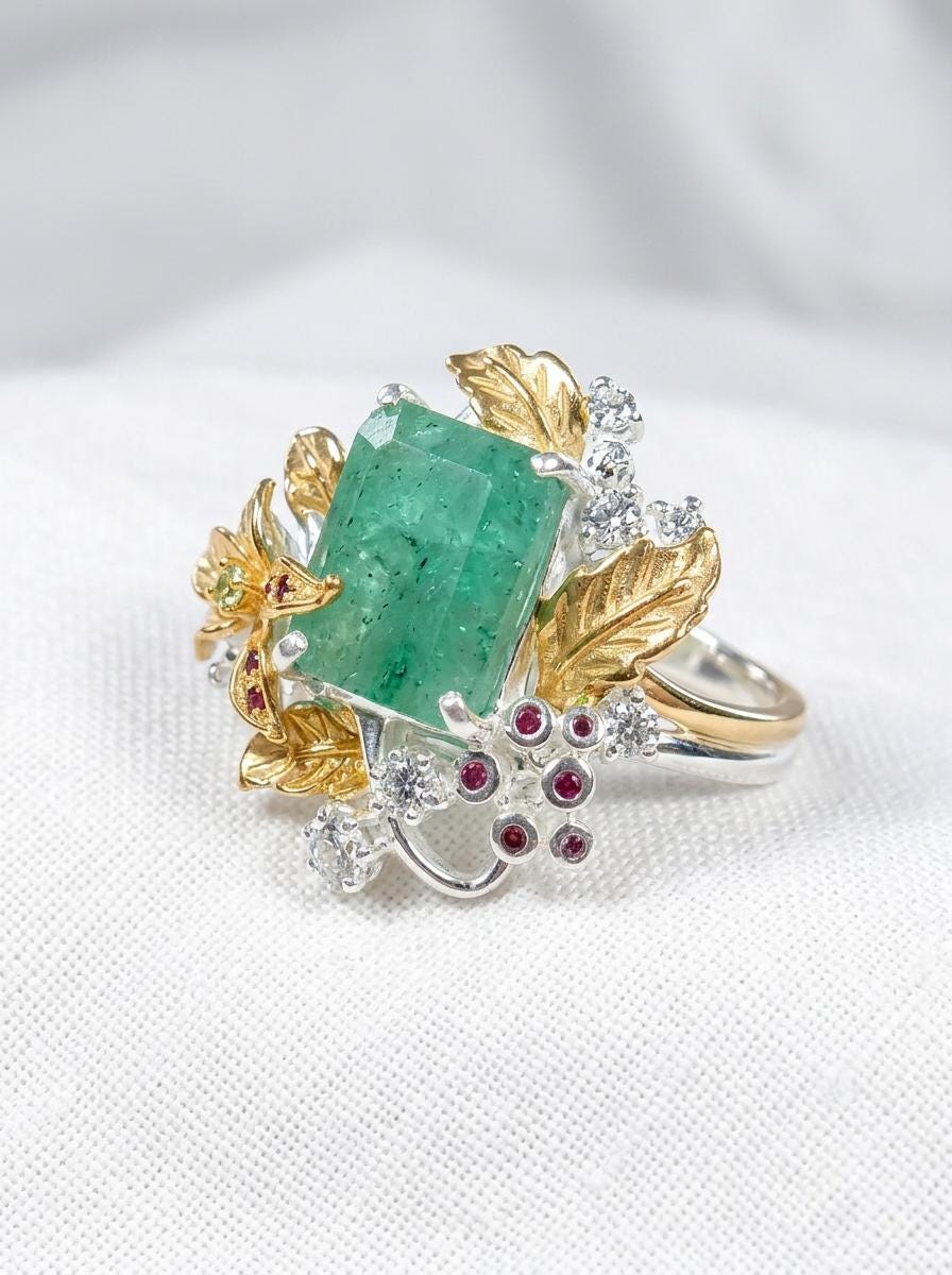 925 silver green beryl ring, emerald gemstone nature inspired statement jewelry