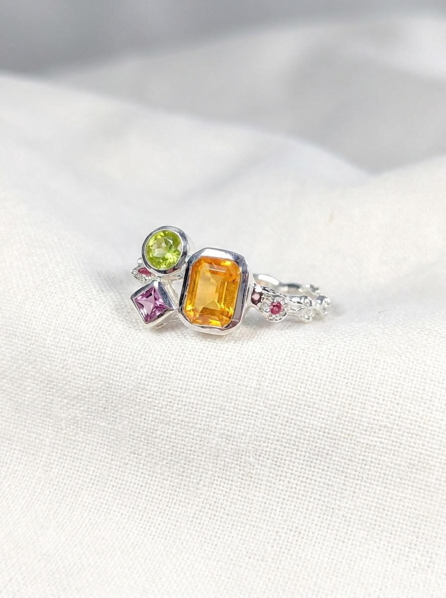 925 silver citrine cluster ring, geometric yellow green gemstone branch unique jewelry
