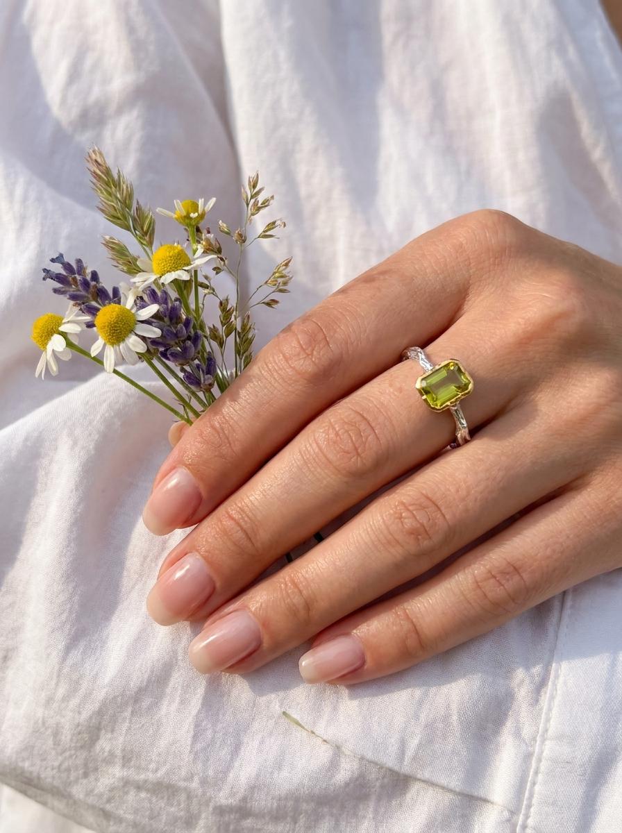 925 silver peridot solitaire ring, geometric green gemstone branch unique jewelry