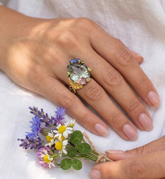 925 silver green amethyst ring, oval gemstone floral halo statement jewelry