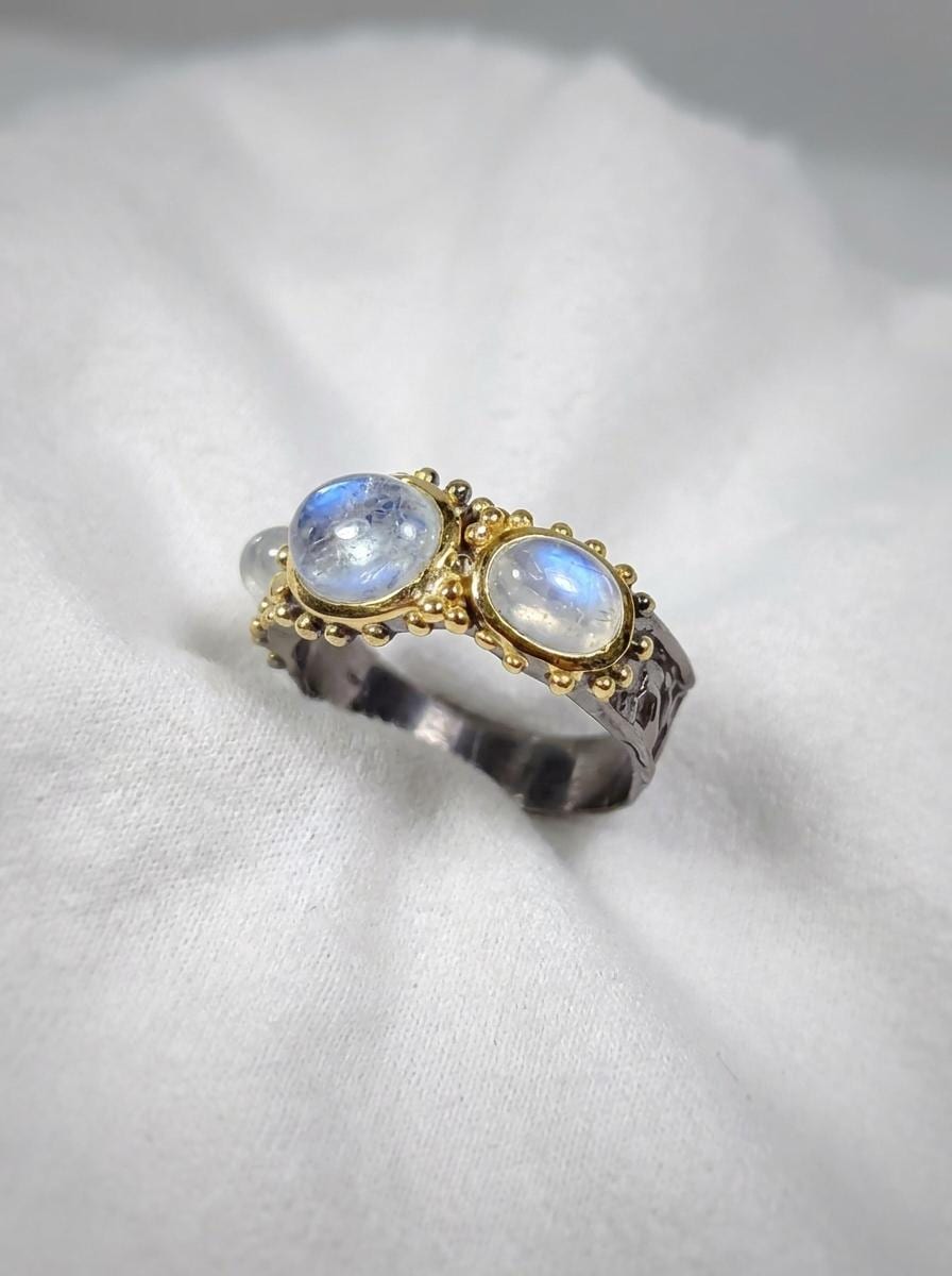 925 silver moonstone ring, three stone cluster gemstone statement jewelry