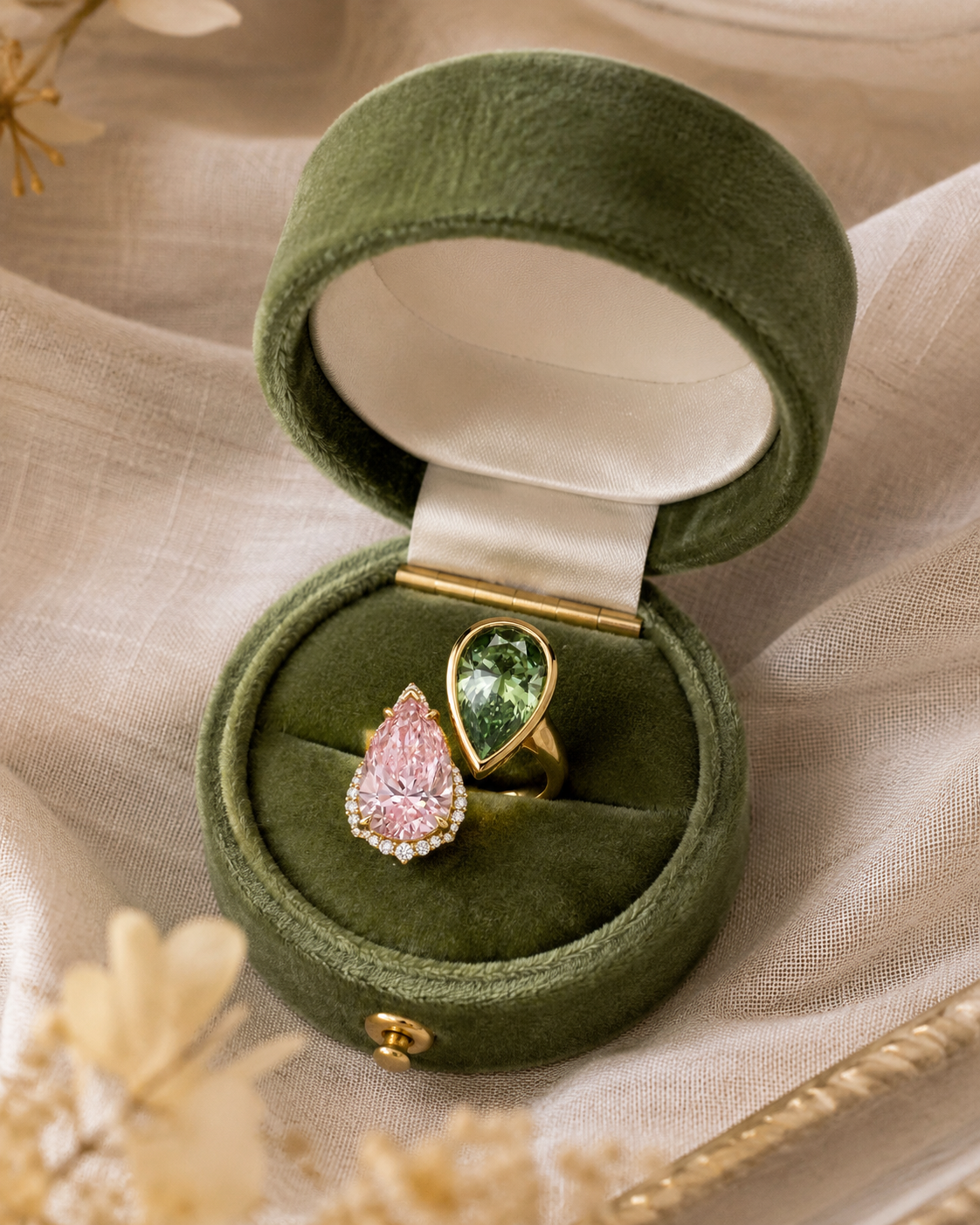 Two teardrop-shaped diamonds set in 18K gold displayed in an open olive green velvet ring box. One ring has a pink gemstone surrounded by small clear diamonds with a green diamond in bezel setting.