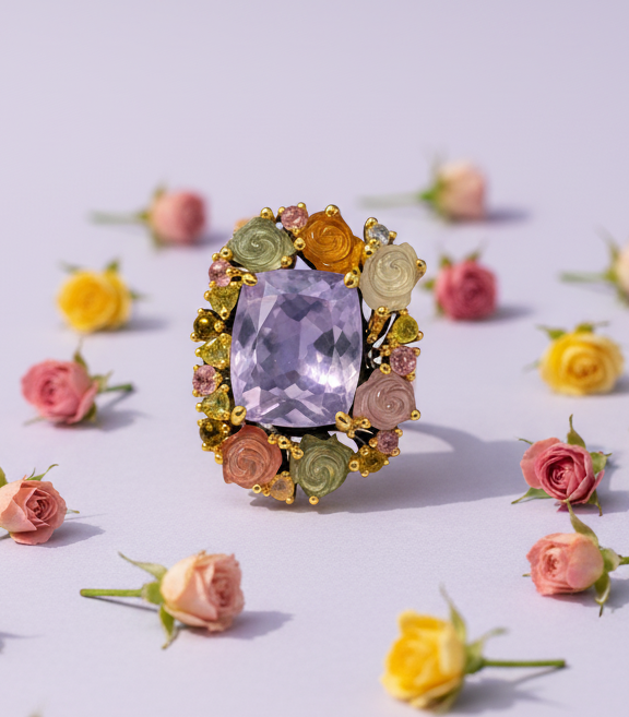 Tourmaline carved roses ring with large lavender quartz gem on pastel background with tiny roses