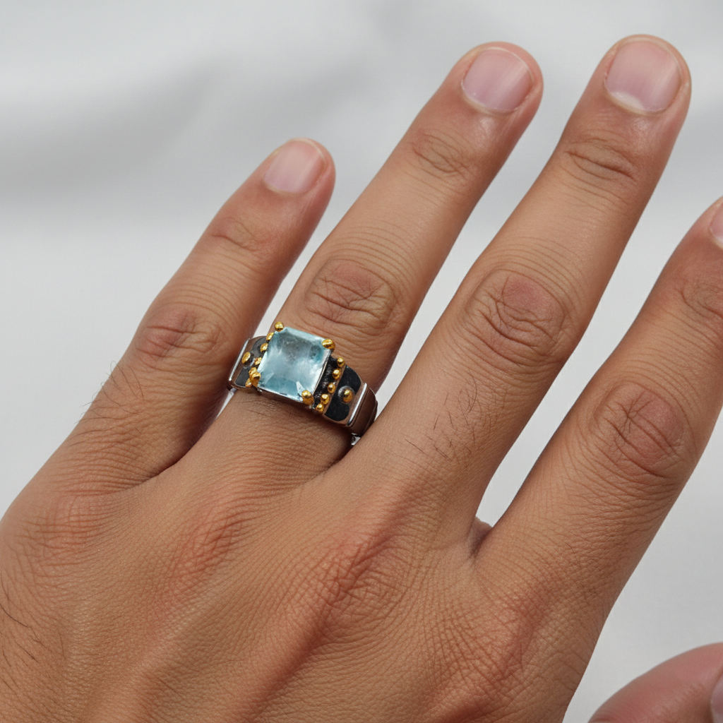 blue aquamarine rectangle gemstone black silver ring on men's hand