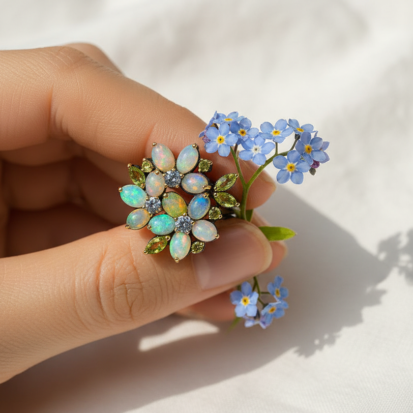 a woman is holding a 925 silver opal flower ring with natural blue flower stems
