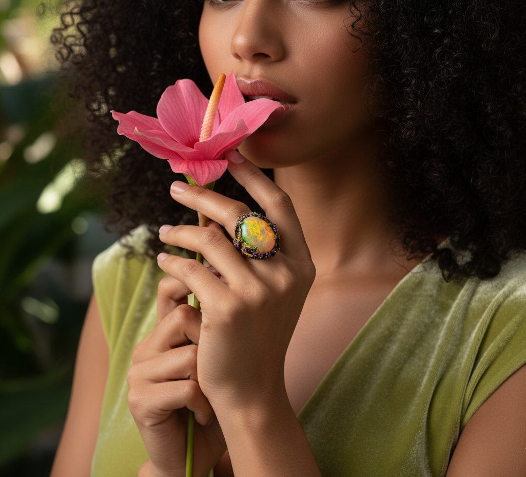 a woman in holding tropical flower and wearing a statement opal ring in black silver