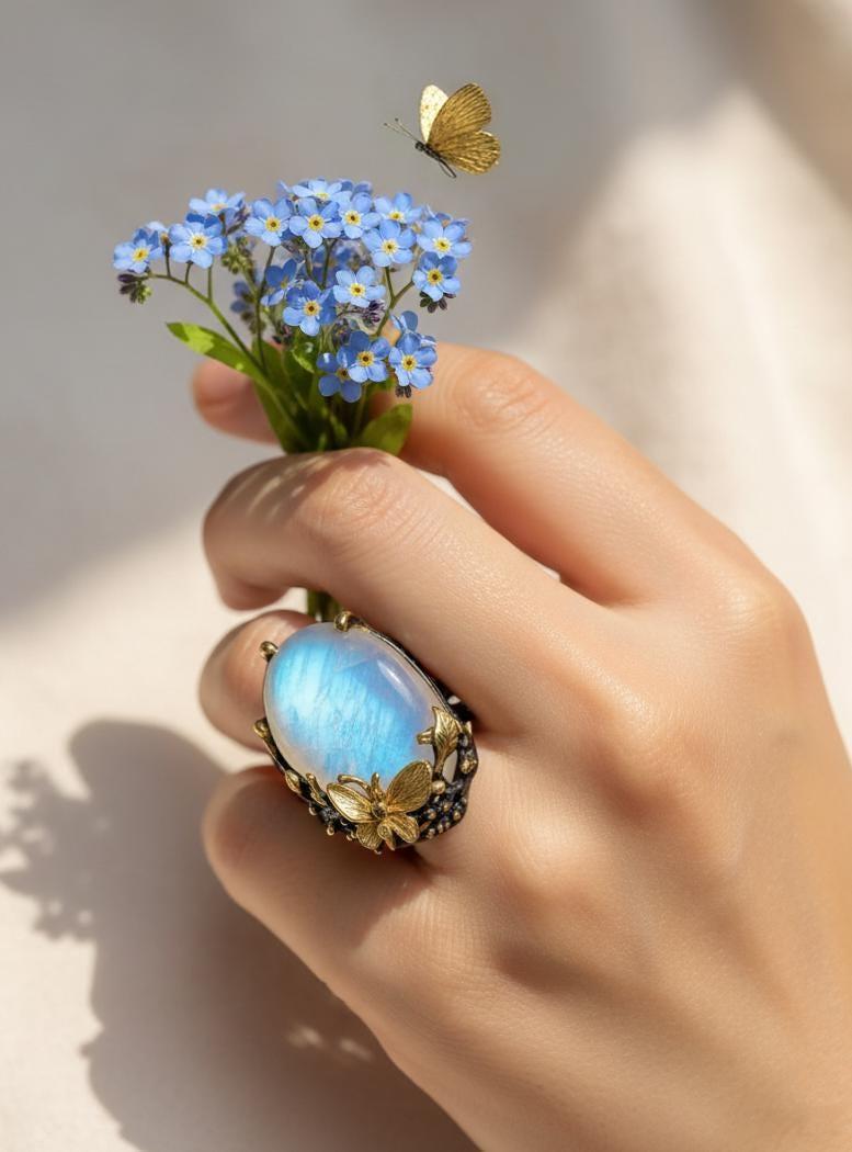 Statement Sterling Silver Rainbow Moonstone Ring with butterfly worn by models hand holding blue wildflowers