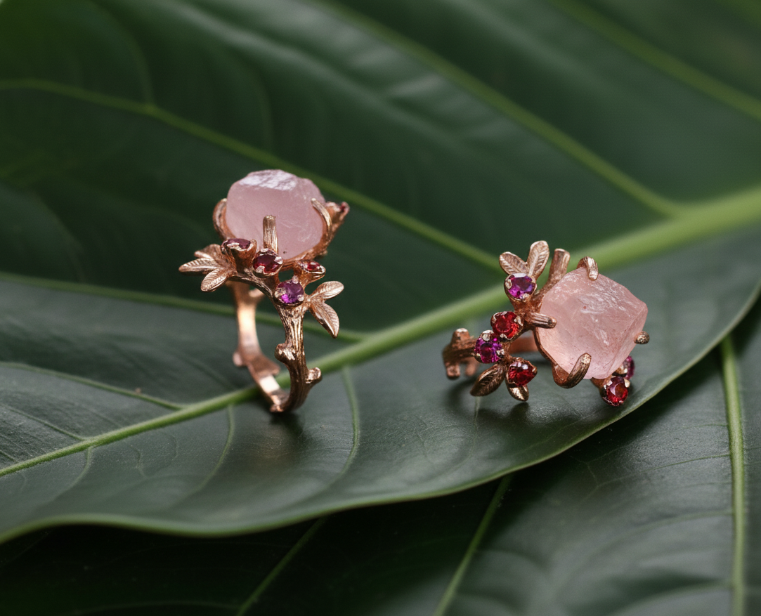 raw morganite branch rings resting on green leaf, bold statement pink jewelry