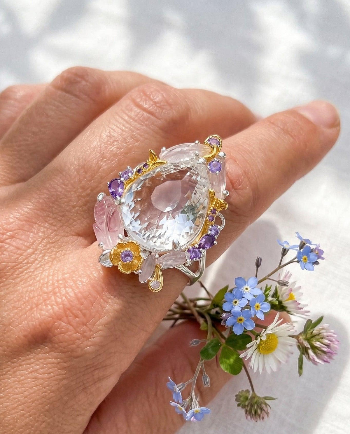 Fresh collection new statement gemstones ring with floral halo statement tourmaline on hand