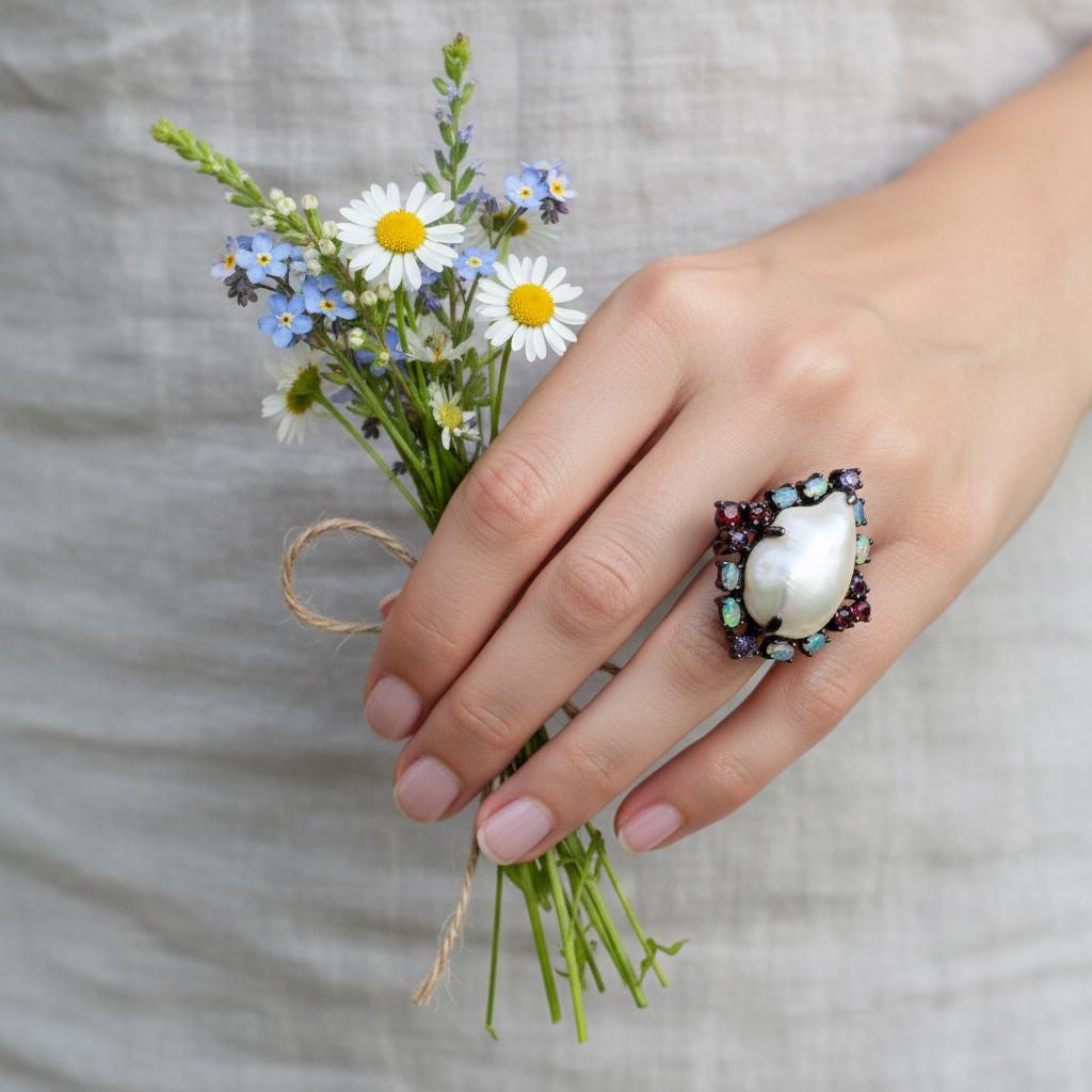 925 Sterling Silver Baroque Pearl Ring worn by woman in linen dress holding wild flowers