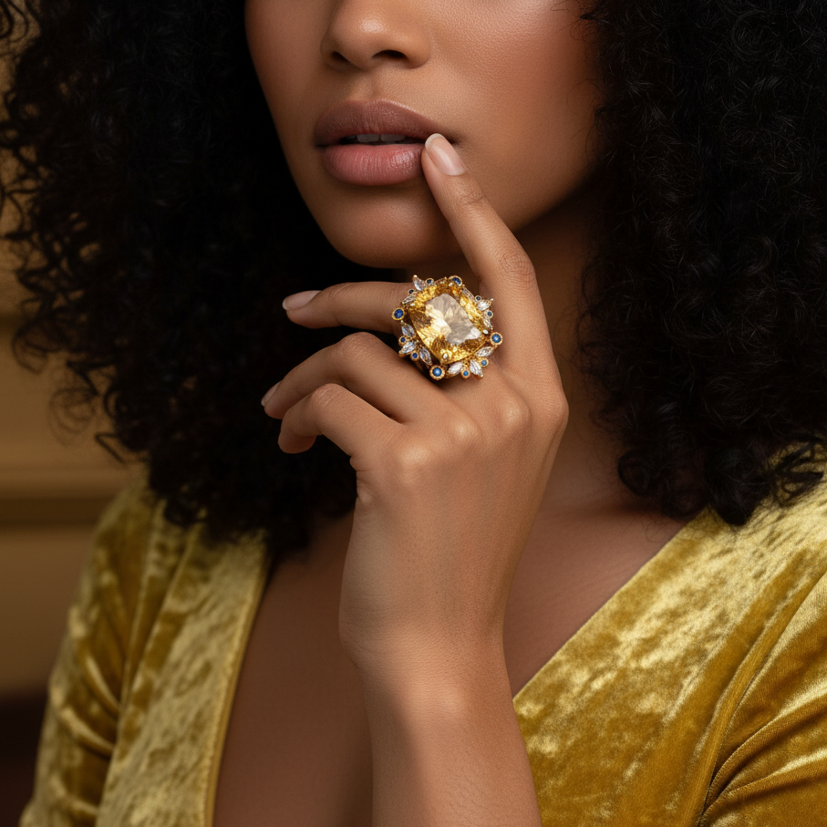 statement sterling silver huge citrine gemstone ring with vintage halo on black woman hand in yellow dress