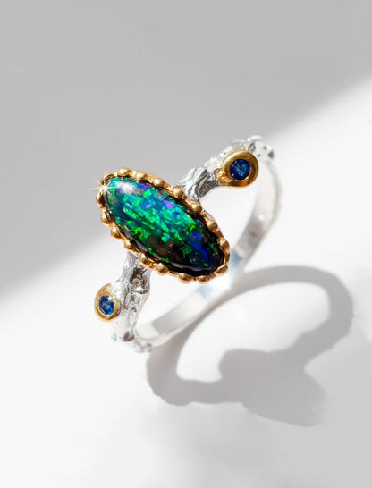 925 Sterling Silver Black Opal Branch Ring