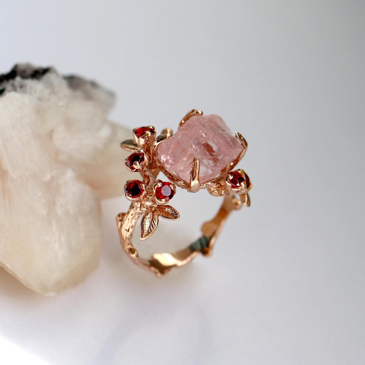 14-18K Solid Gold Raw Pink Morganite Ring, worn on hand