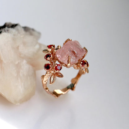 14-18K Solid Gold Raw Pink Morganite Ring, worn on hand