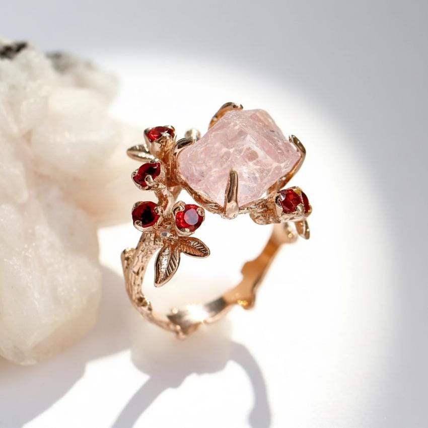 14-18K Solid Gold Raw Pink Morganite Ring, setting detail